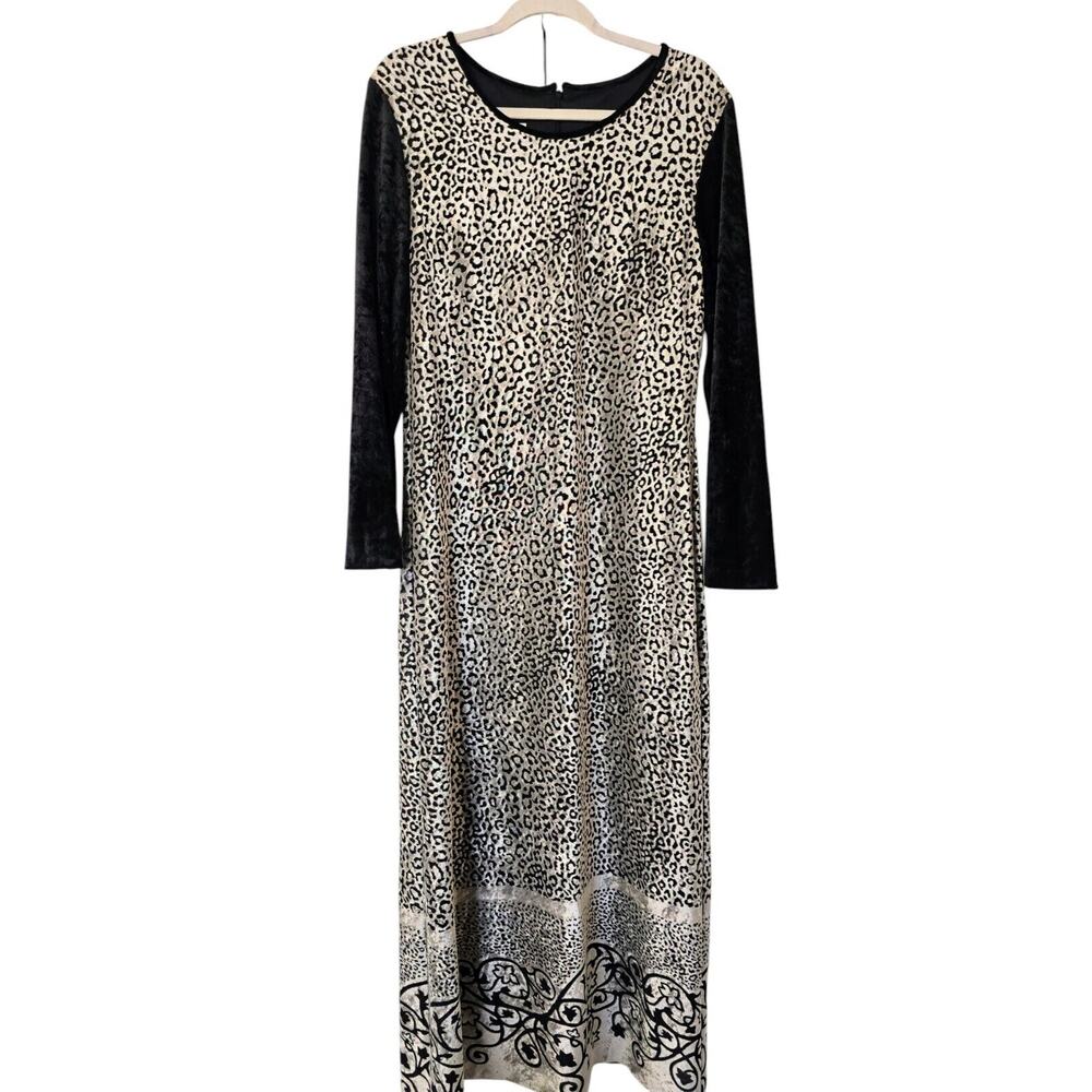 Vintage 80's Vision Int Lined Crushed Velvet Dress Maxi Leopard Print Womens 14
